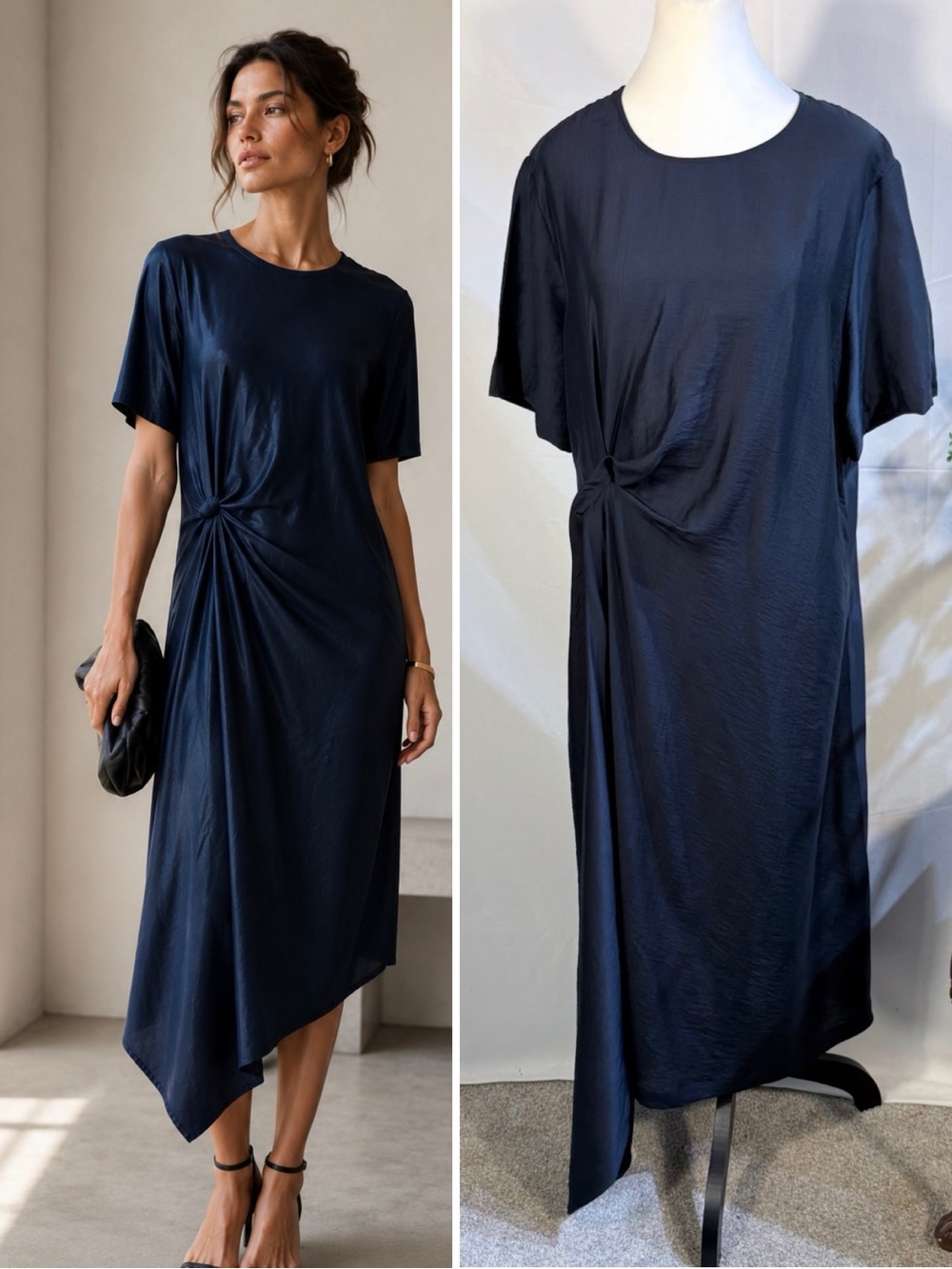 💥COS Lyocell-Blend Side Knot Asymmetrical Midi Dress Navy Blue Sz 14🧡
